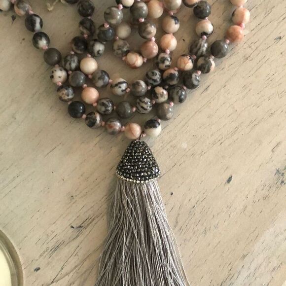 Pink and Gray stone bead long tassel necklace￼ - Picture 1 of 6